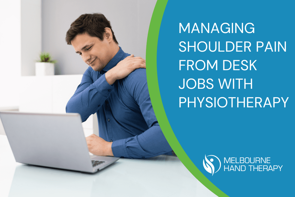 Office worker stretching shoulder muscles at a desk to alleviate pain